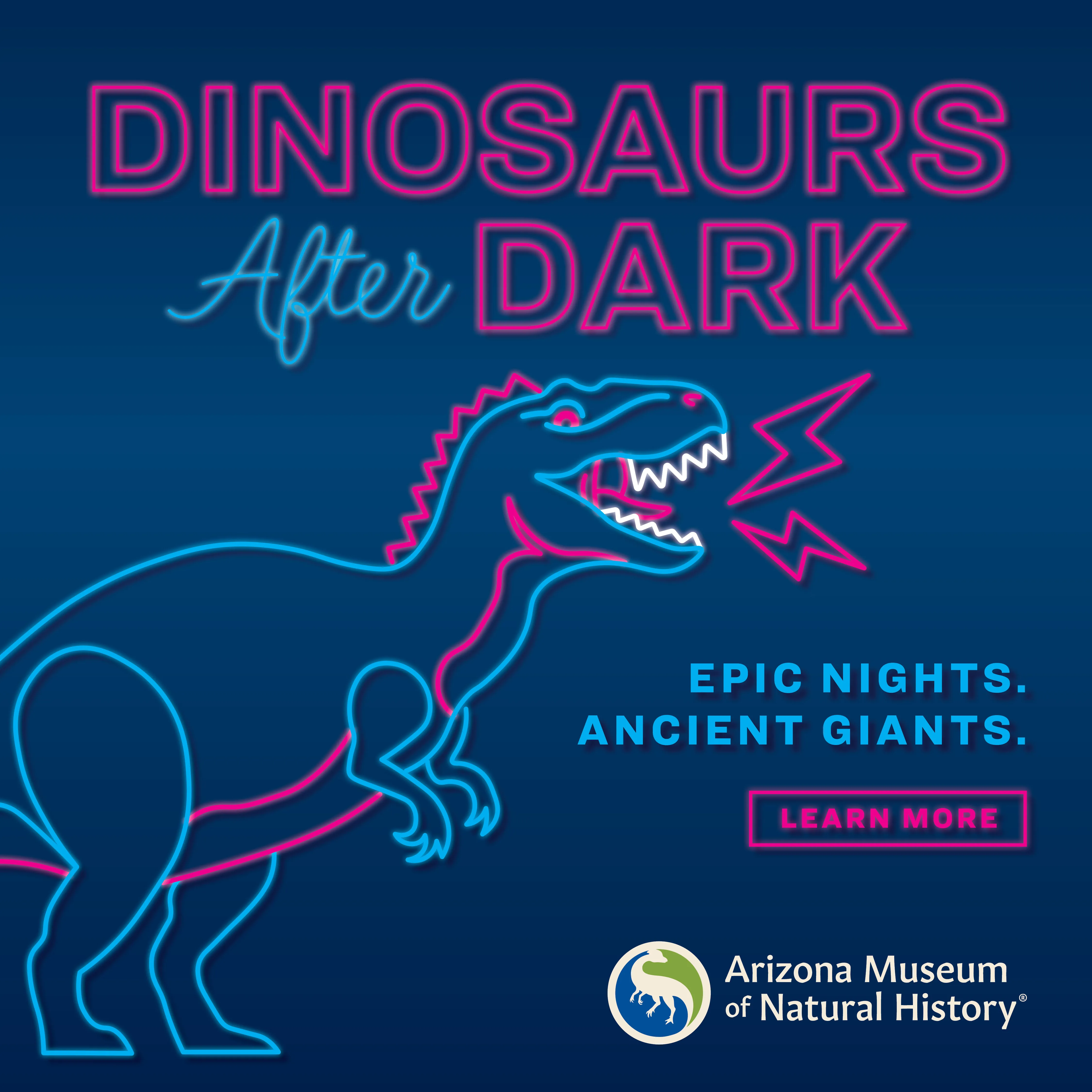 Dinosaurs after dark with a neon T.rex