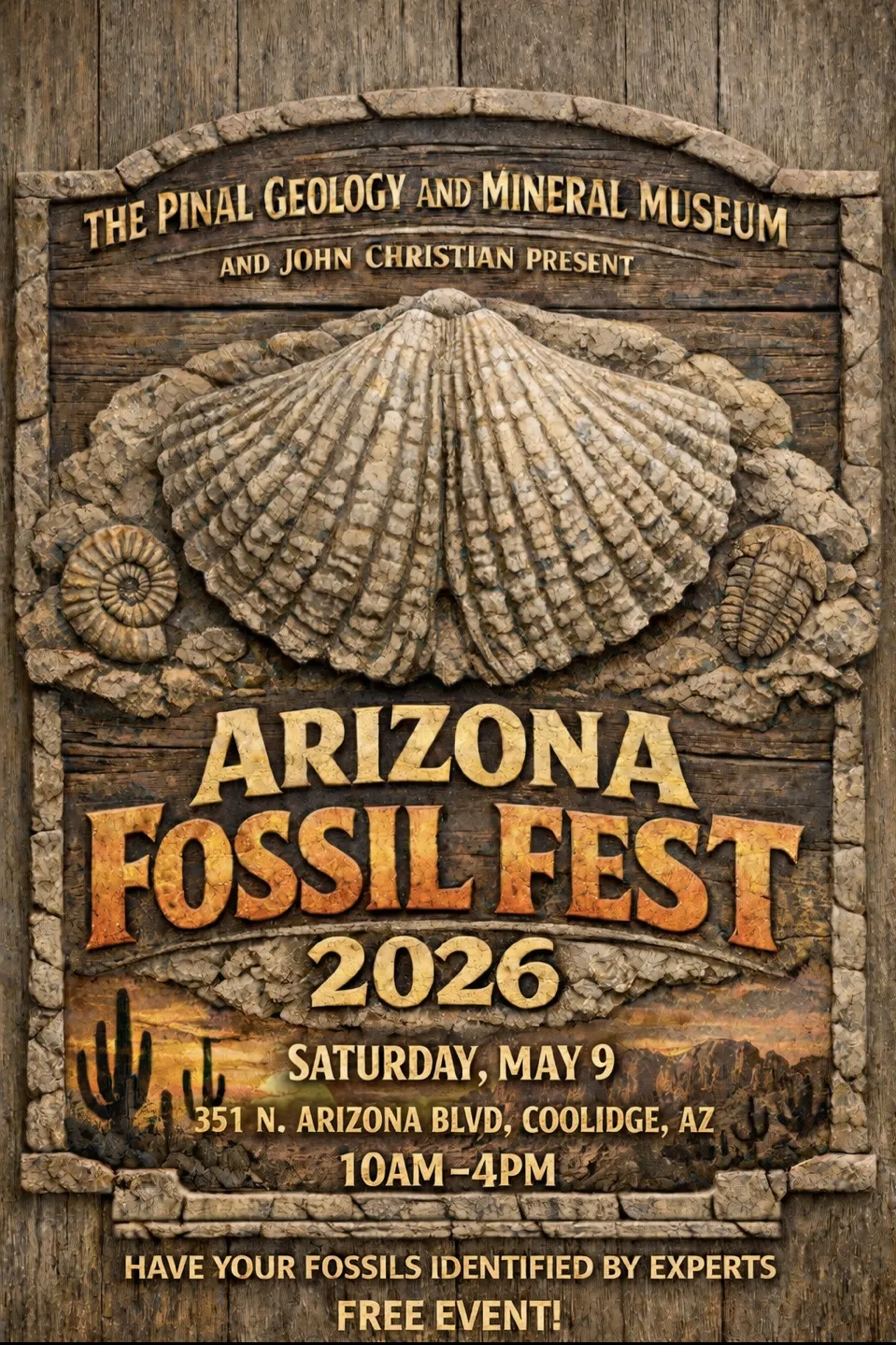 Poster for Arizona Fossil Fest 2026 presented by The Pinal Geology and Mineral Museum and John Christian, featuring a large fossil shell and other fossils on a rustic wood background. Text re