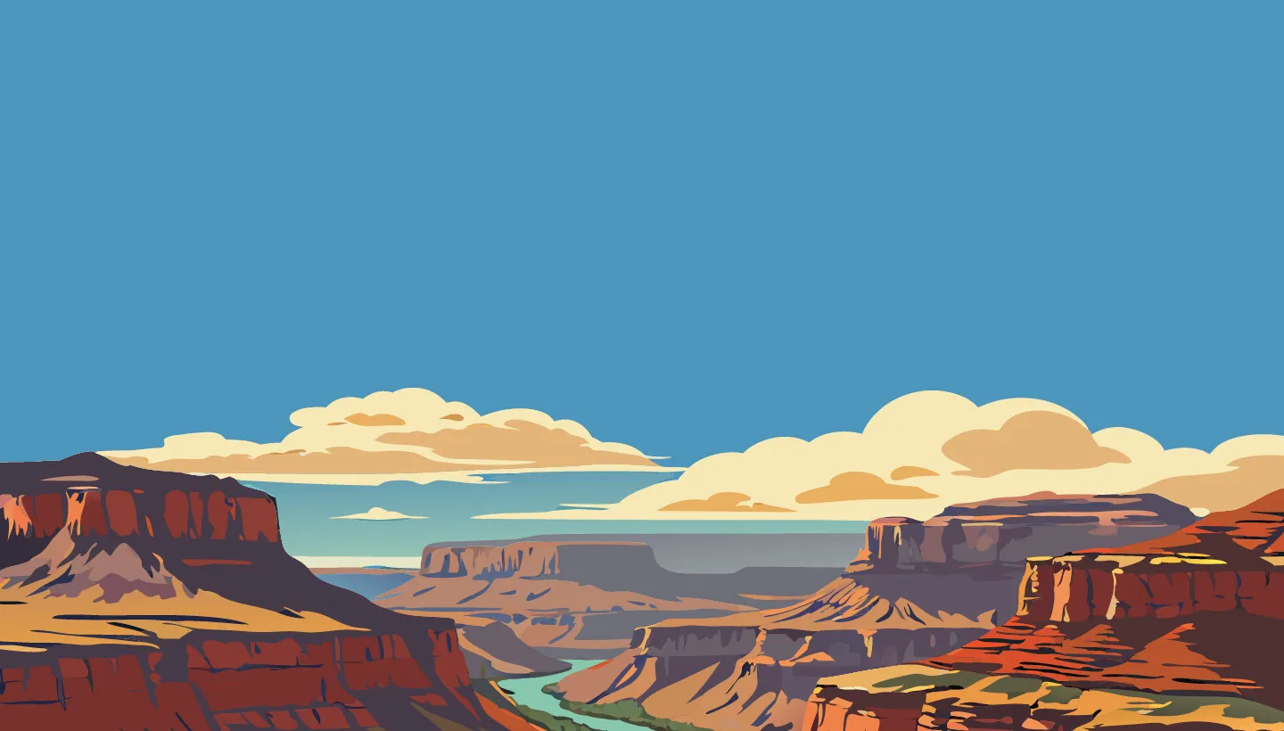A graphic of a blue sky clouds and the Grand Canyon.